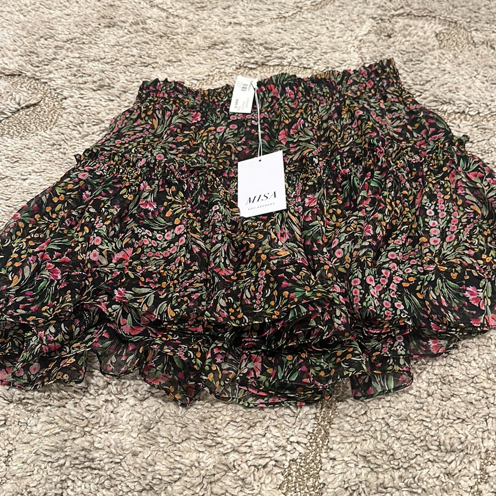 MISA black floral mini skirt